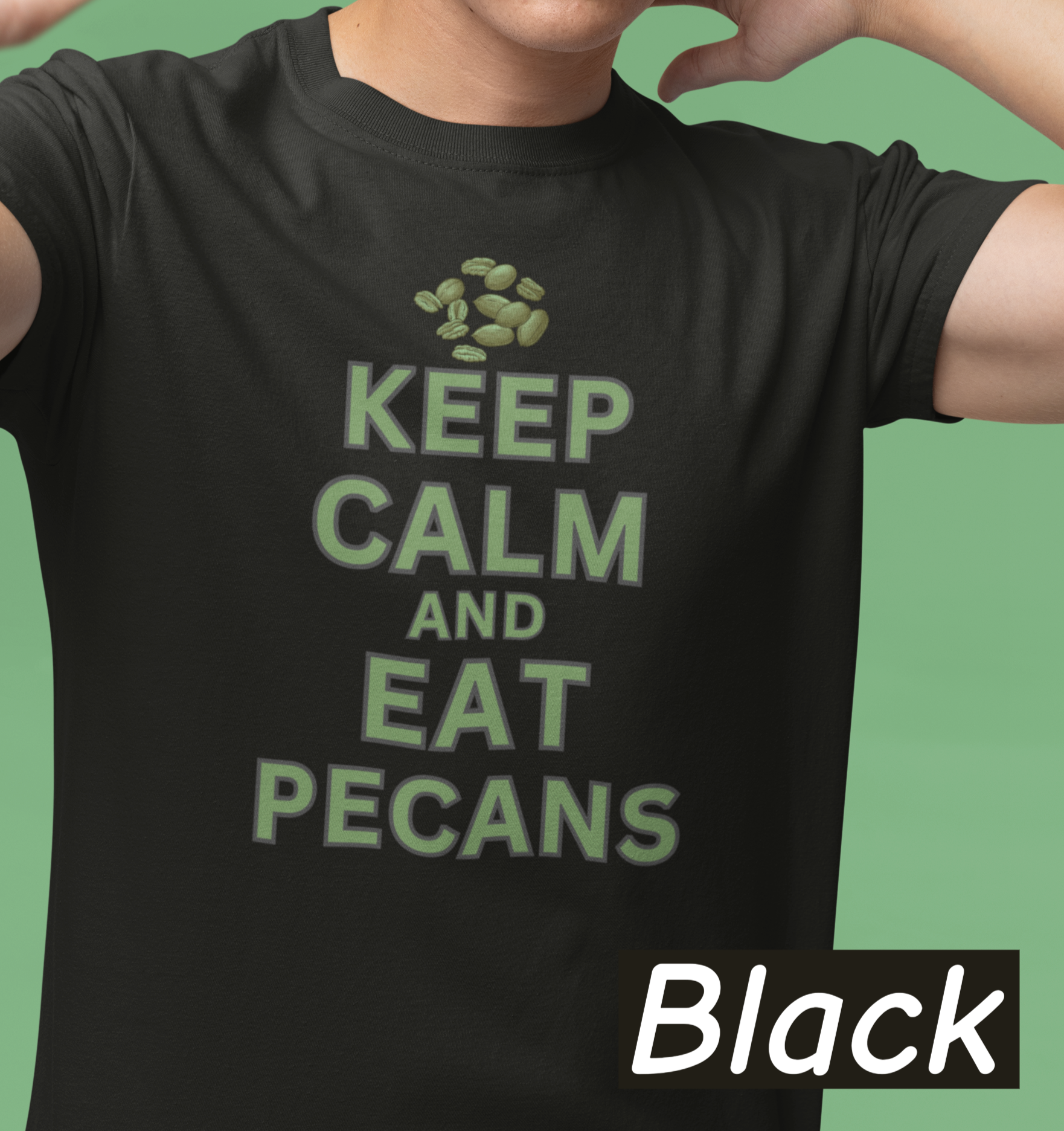 “Bella+Canvas 3001 unisex t-shirt with NuttyMerch design. Pecan Pete graphic and the phrase ‘Keep Calm and Eat Pecans.’ Funny foodie Americana shirt.”