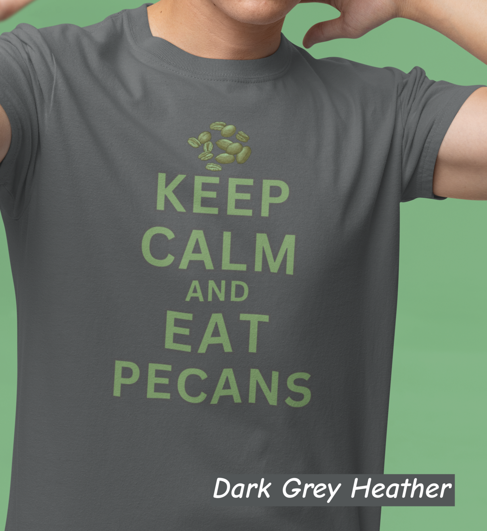 “Bella+Canvas 3001 unisex t-shirt with NuttyMerch design. Pecan Pete graphic and the phrase ‘Keep Calm and Eat Pecans.’ Funny foodie Americana shirt.”
