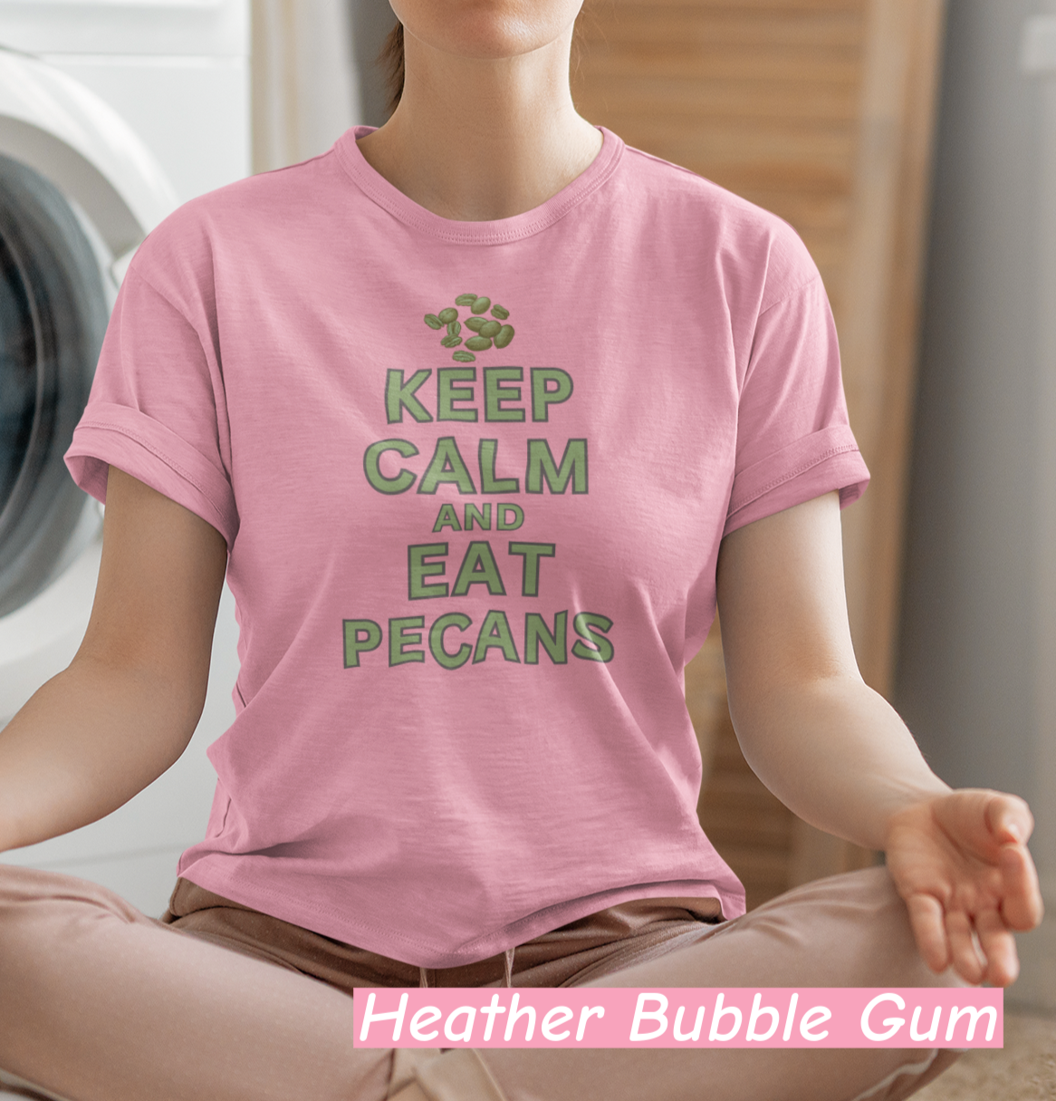 “Bella+Canvas 3001 unisex t-shirt with NuttyMerch design. Pecan Pete graphic and the phrase ‘Keep Calm and Eat Pecans.’ Funny foodie Americana shirt.”