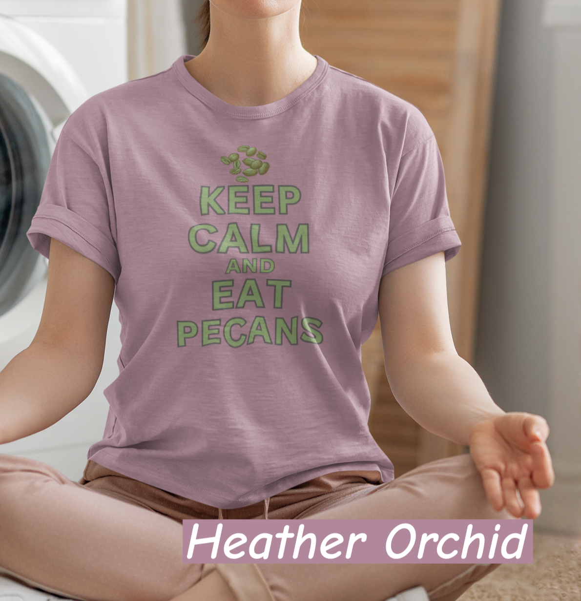 “Bella+Canvas 3001 unisex t-shirt with NuttyMerch design. Pecan Pete graphic and the phrase ‘Keep Calm and Eat Pecans.’ Funny foodie Americana shirt.”