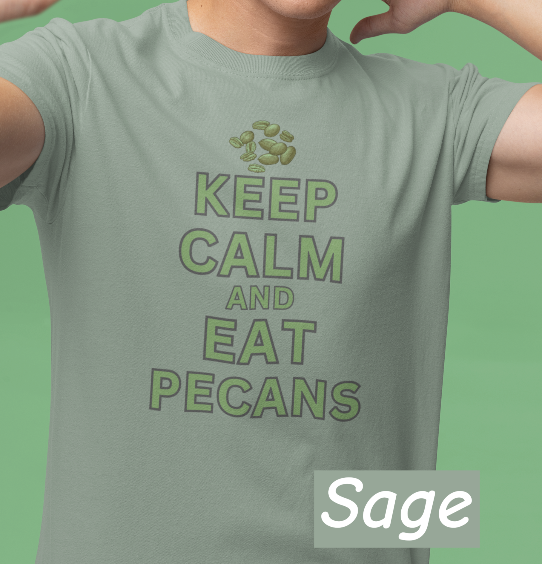 “Bella+Canvas 3001 unisex t-shirt with NuttyMerch design. Pecan Pete graphic and the phrase ‘Keep Calm and Eat Pecans.’ Funny foodie Americana shirt.”