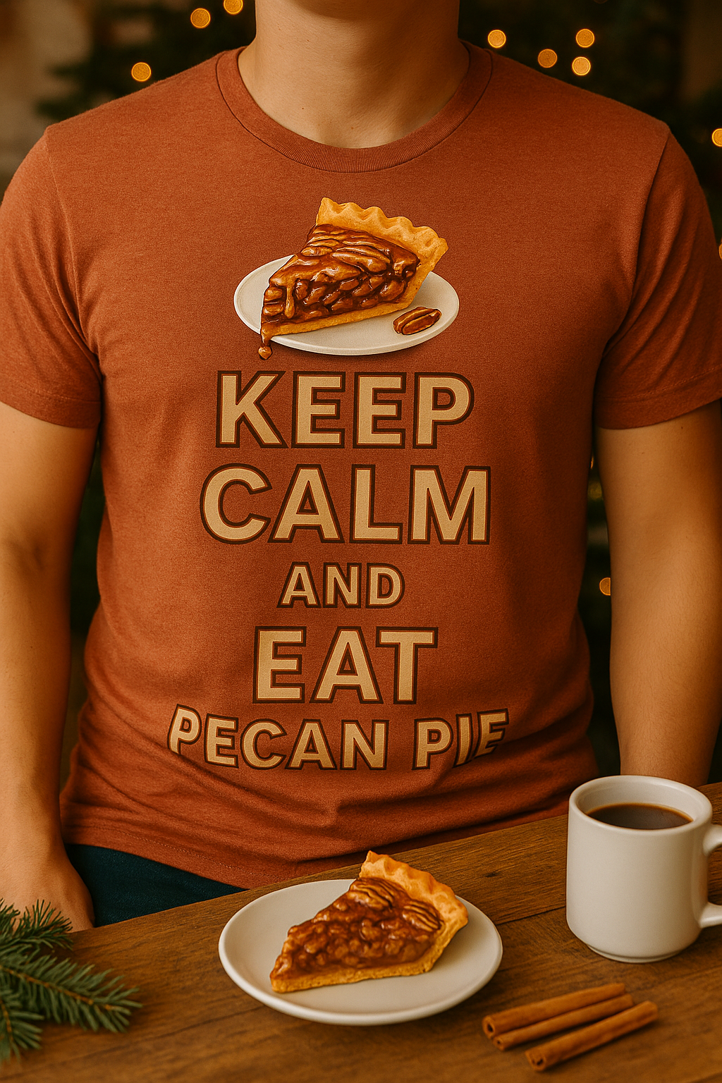 Unisex heathered T-shirt with "KEEP CALM AND EAT PECAN PIE" graphic and illustrated pecan pie slice, styled in various lifestyle scenes including porch, playground, BBQ, and holiday settings.
