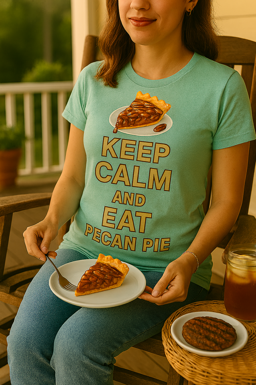 Unisex heathered T-shirt with "KEEP CALM AND EAT PECAN PIE" graphic and illustrated pecan pie slice, styled in various lifestyle scenes including porch, playground, BBQ, and holiday settings.