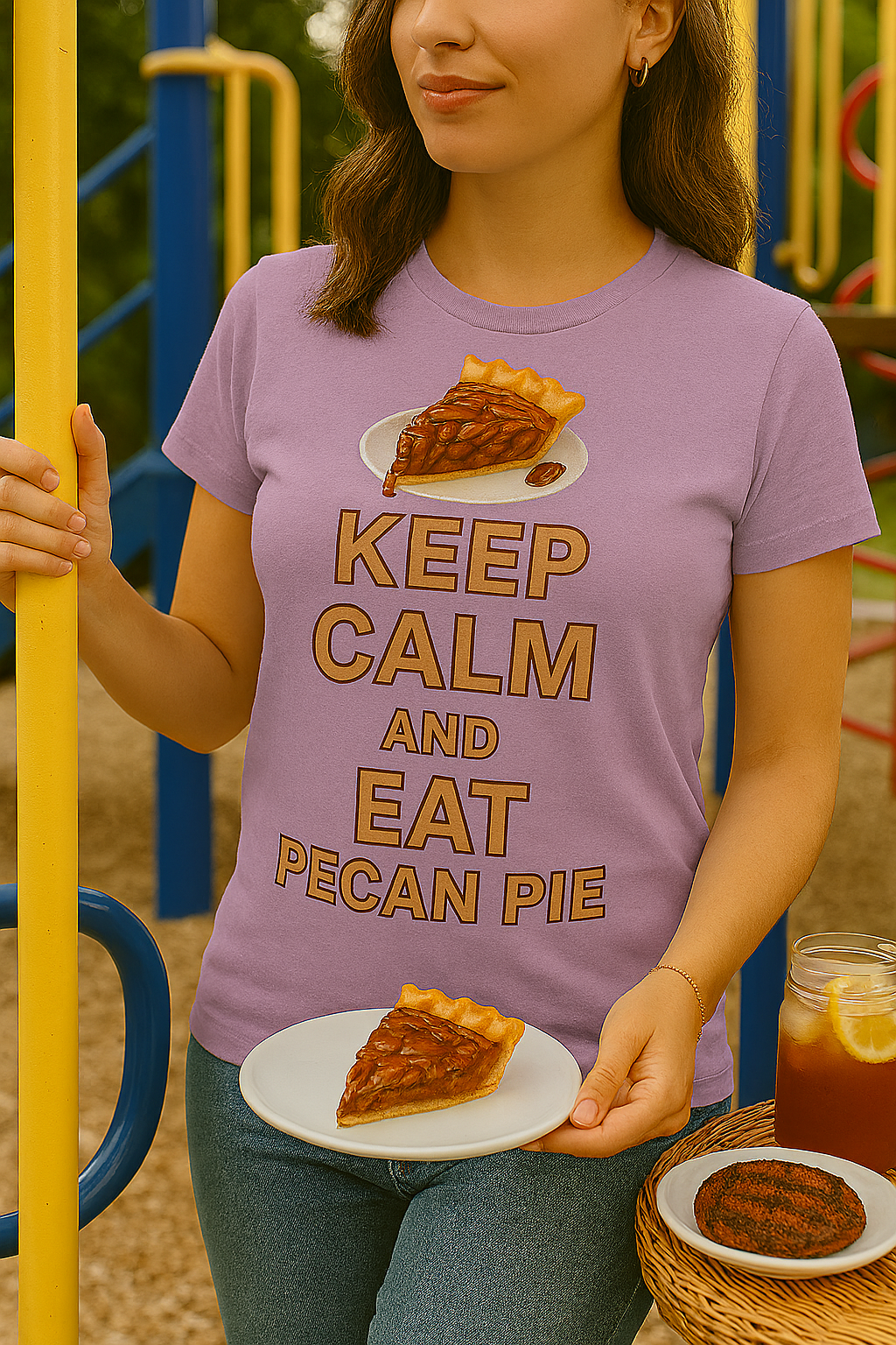 Unisex heathered T-shirt with "KEEP CALM AND EAT PECAN PIE" graphic and illustrated pecan pie slice, styled in various lifestyle scenes including porch, playground, BBQ, and holiday settings.
