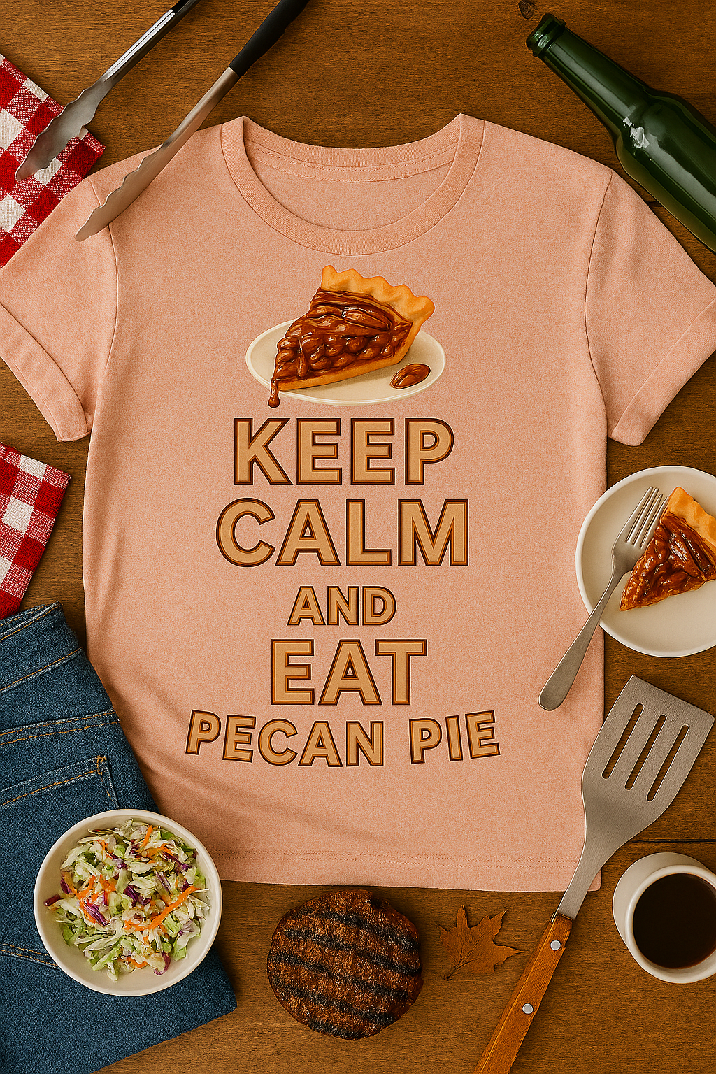 Unisex heathered T-shirt with "KEEP CALM AND EAT PECAN PIE" graphic and illustrated pecan pie slice, styled in various lifestyle scenes including porch, playground, BBQ, and holiday settings.