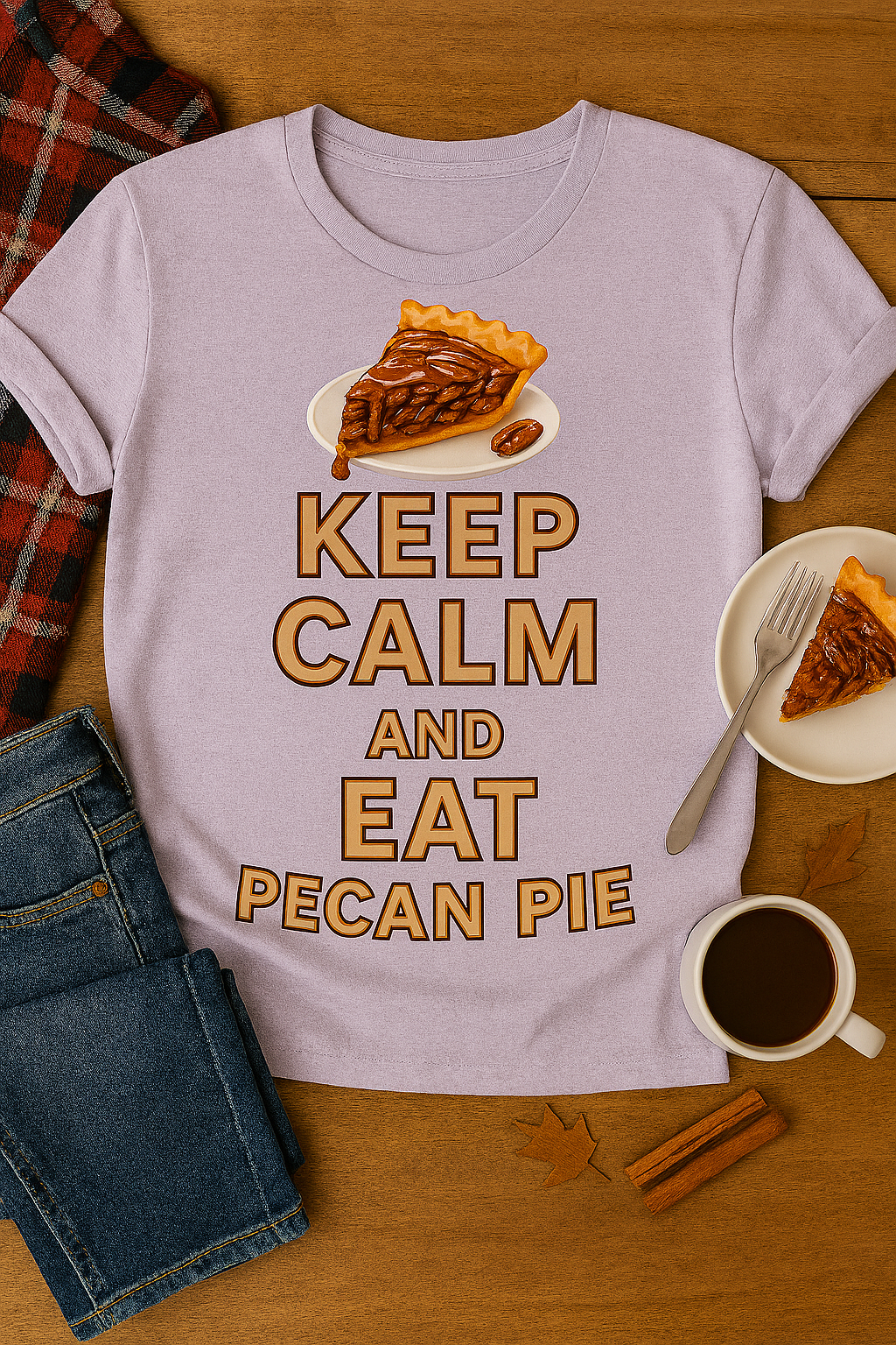 Unisex heathered T-shirt with "KEEP CALM AND EAT PECAN PIE" graphic and illustrated pecan pie slice, styled in various lifestyle scenes including porch, playground, BBQ, and holiday settings.