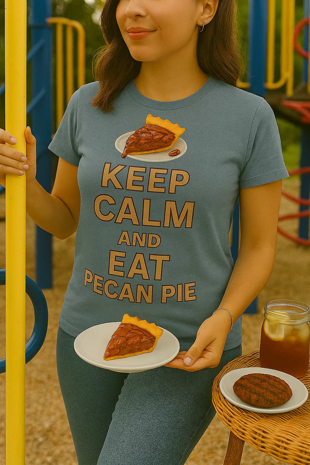 Unisex heathered T-shirt with "KEEP CALM AND EAT PECAN PIE" graphic and illustrated pecan pie slice, styled in various lifestyle scenes including porch, playground, BBQ, and holiday settings.