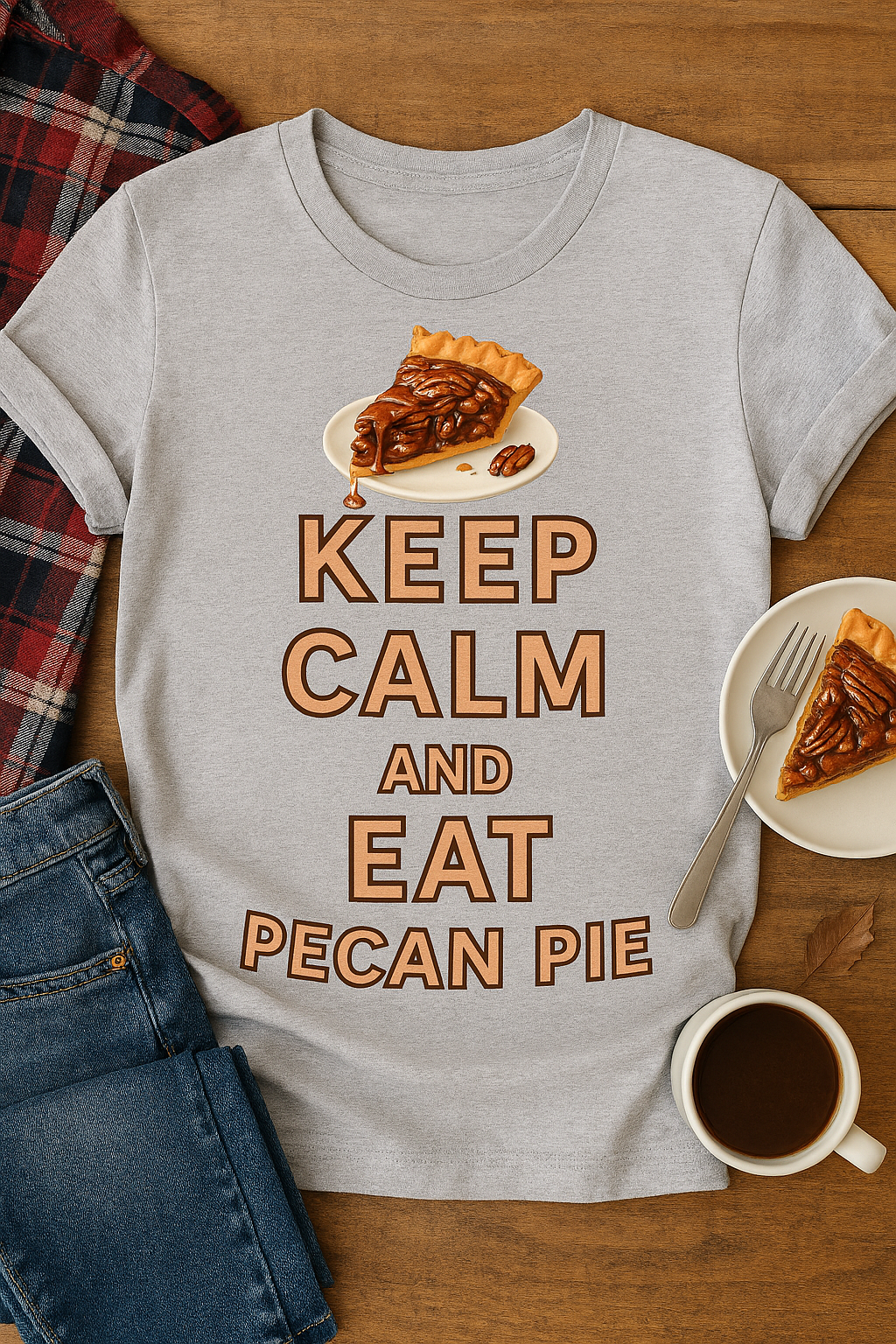 Unisex heathered T-shirt with "KEEP CALM AND EAT PECAN PIE" graphic and illustrated pecan pie slice, styled in various lifestyle scenes including porch, playground, BBQ, and holiday settings.