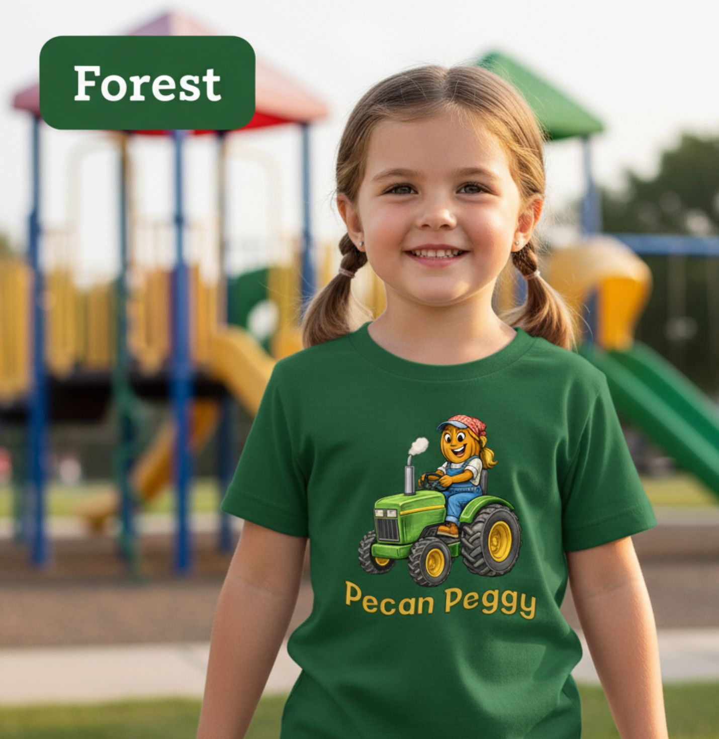 Young girl wearing a green t-shirt with a tractor graphic and 'Pecan Peggy' text, standing in front of playground equipment.