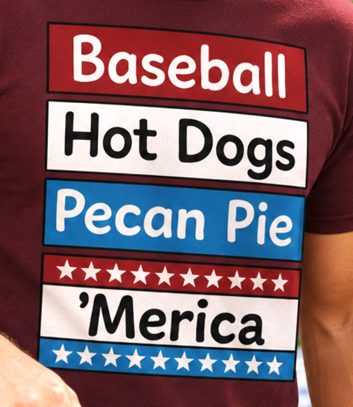 Merica Patriotic Tee – 4th of July & 250 Wear - Baseball - Hot Dogs - Pecan Pie
