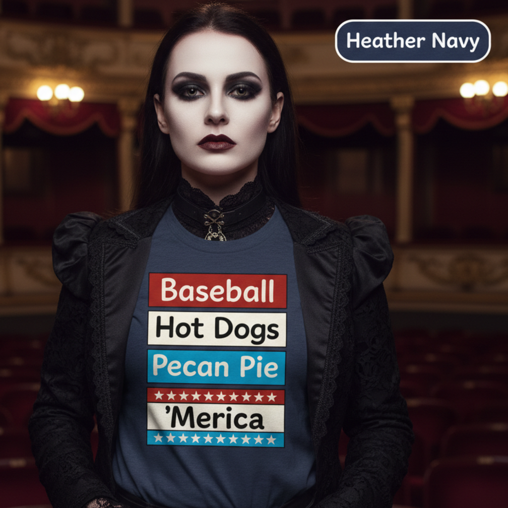 Goth Person wearing a shirt with 'Baseball', 'Hot Dogs', 'Pecan Pie', and 'Merica' text in an auditorium.