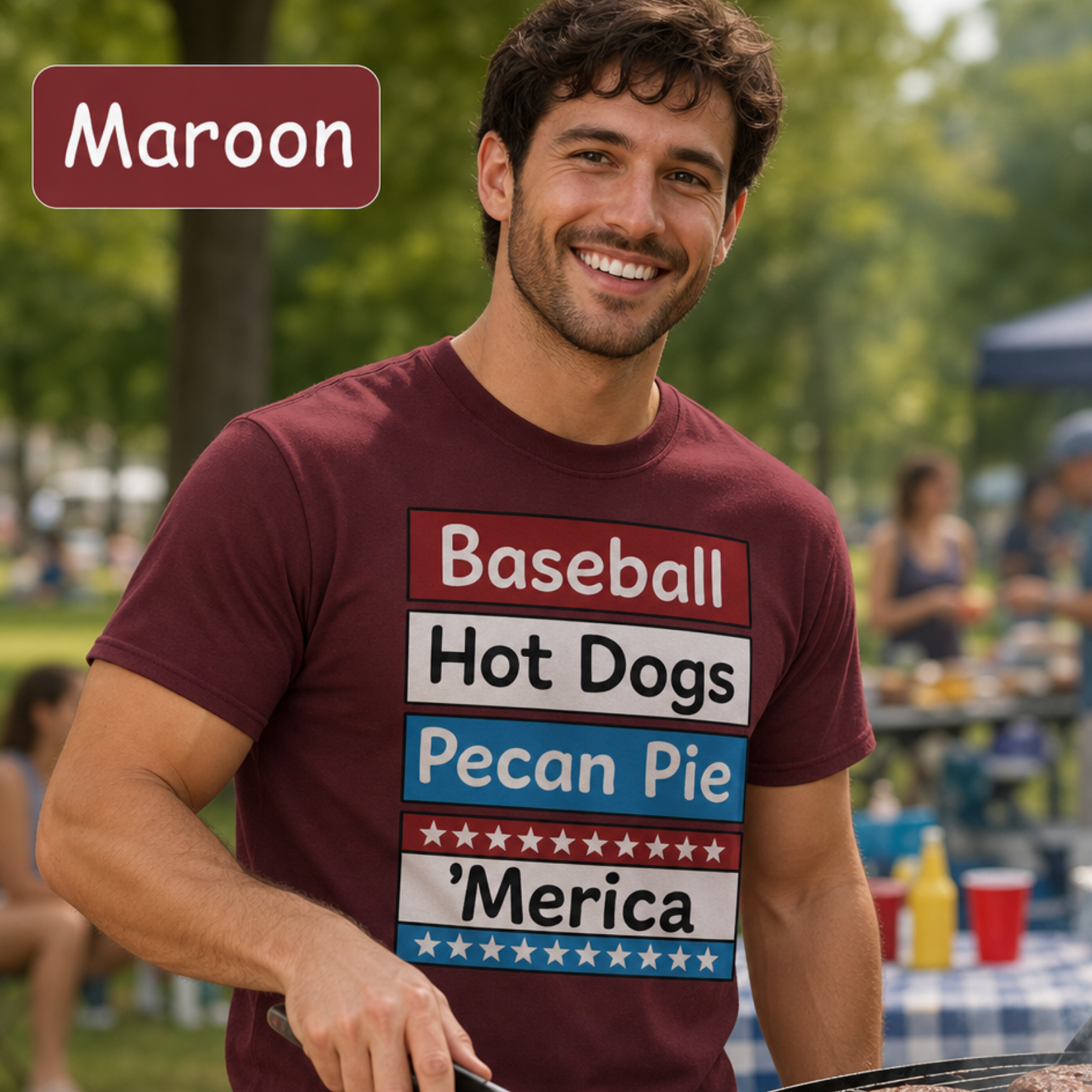 Man wearing a maroon t-shirt with patriotic text at a barbecue event