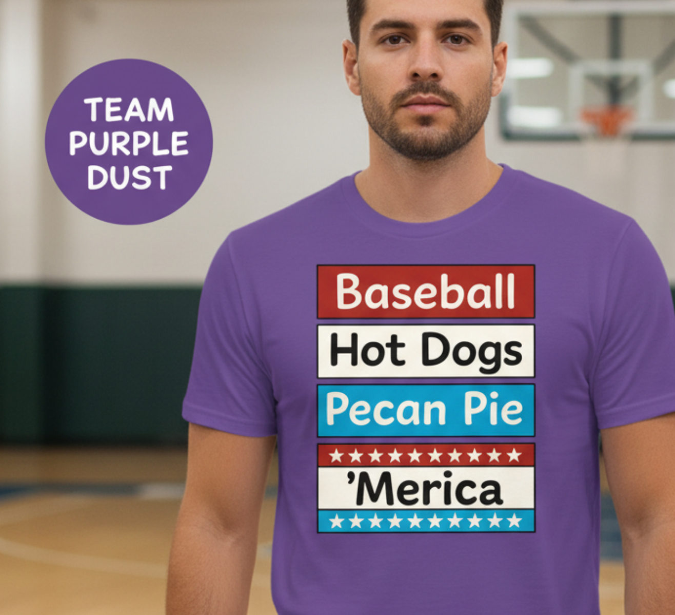 Man wearing a purple t-shirt with colorful text in a gymnasium