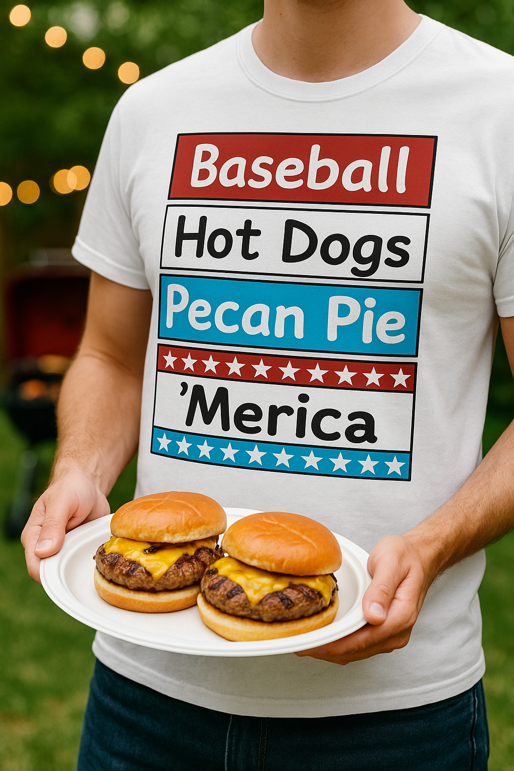 Person wearing a t-shirt with 'Baseball Hot Dogs Pecan Pie Merica' text holding a plate of burgers.