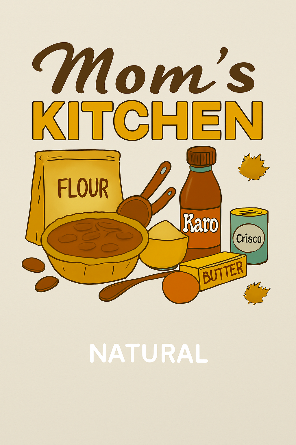 Illustration of baking ingredients with 'Mom's Kitchen' text on a beige background. Pecan Pie