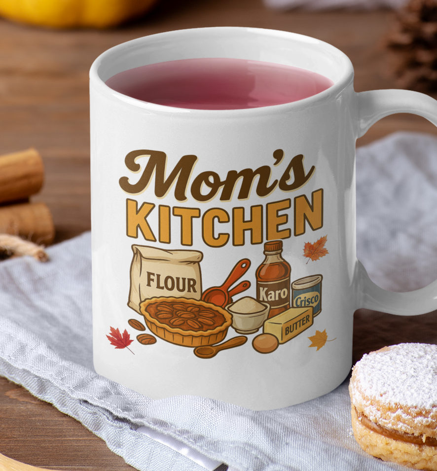 White mug with 'Mom's Kitchen' design featuring baking ingredients and a pie, filled with red liquid on a wooden surface with cookies.