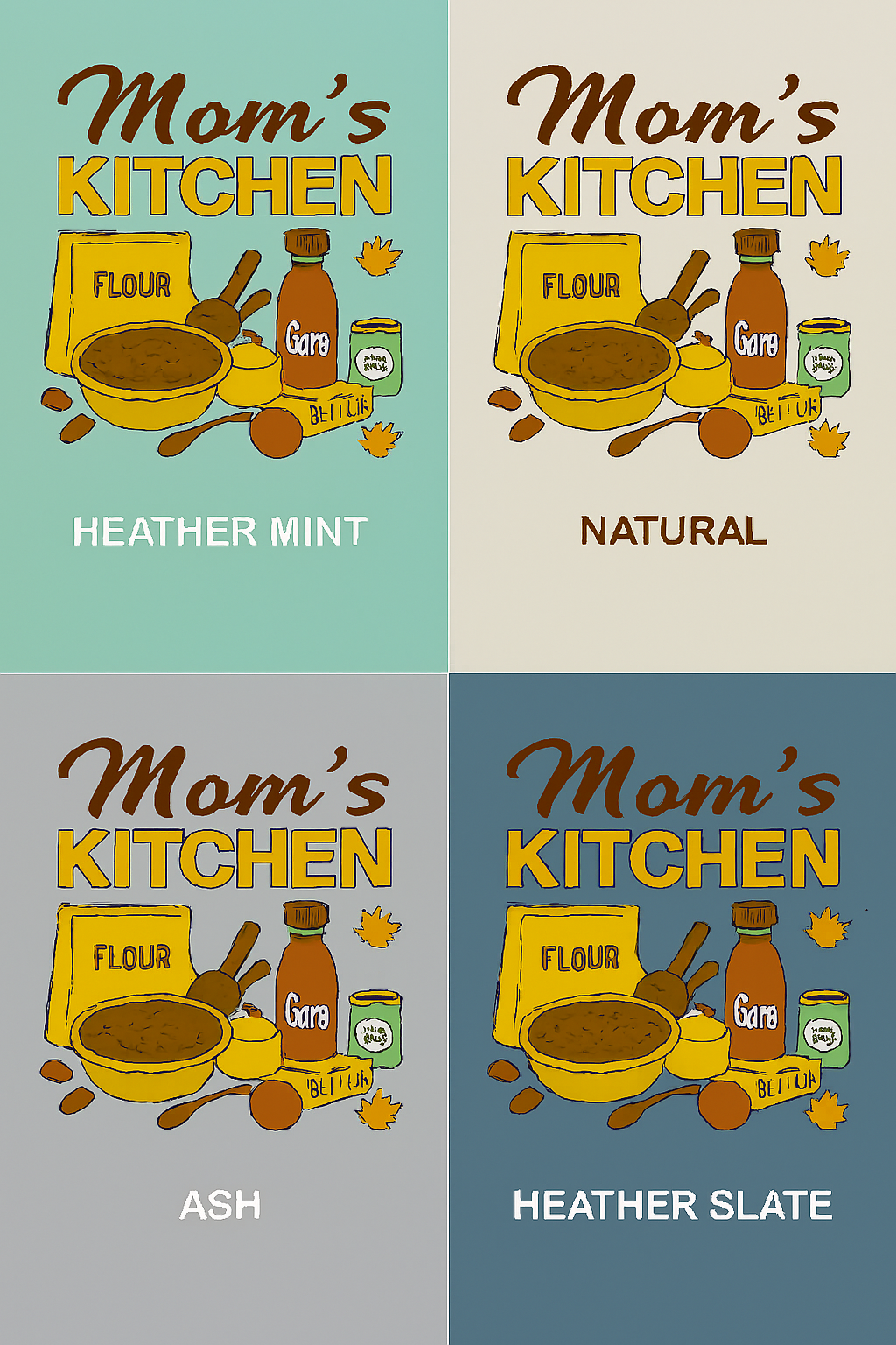 Four different color options for 'Mom's Kitchen' themed products with illustrations of kitchen items.