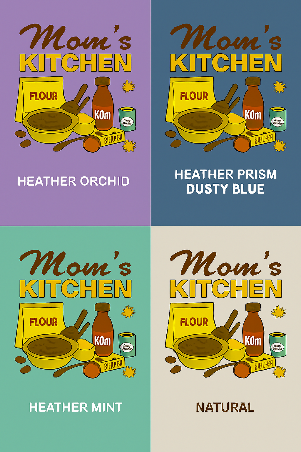 Four 'Mom's Kitchen' product packaging designs in different colors, Orchid, Blue, Mint and Natural