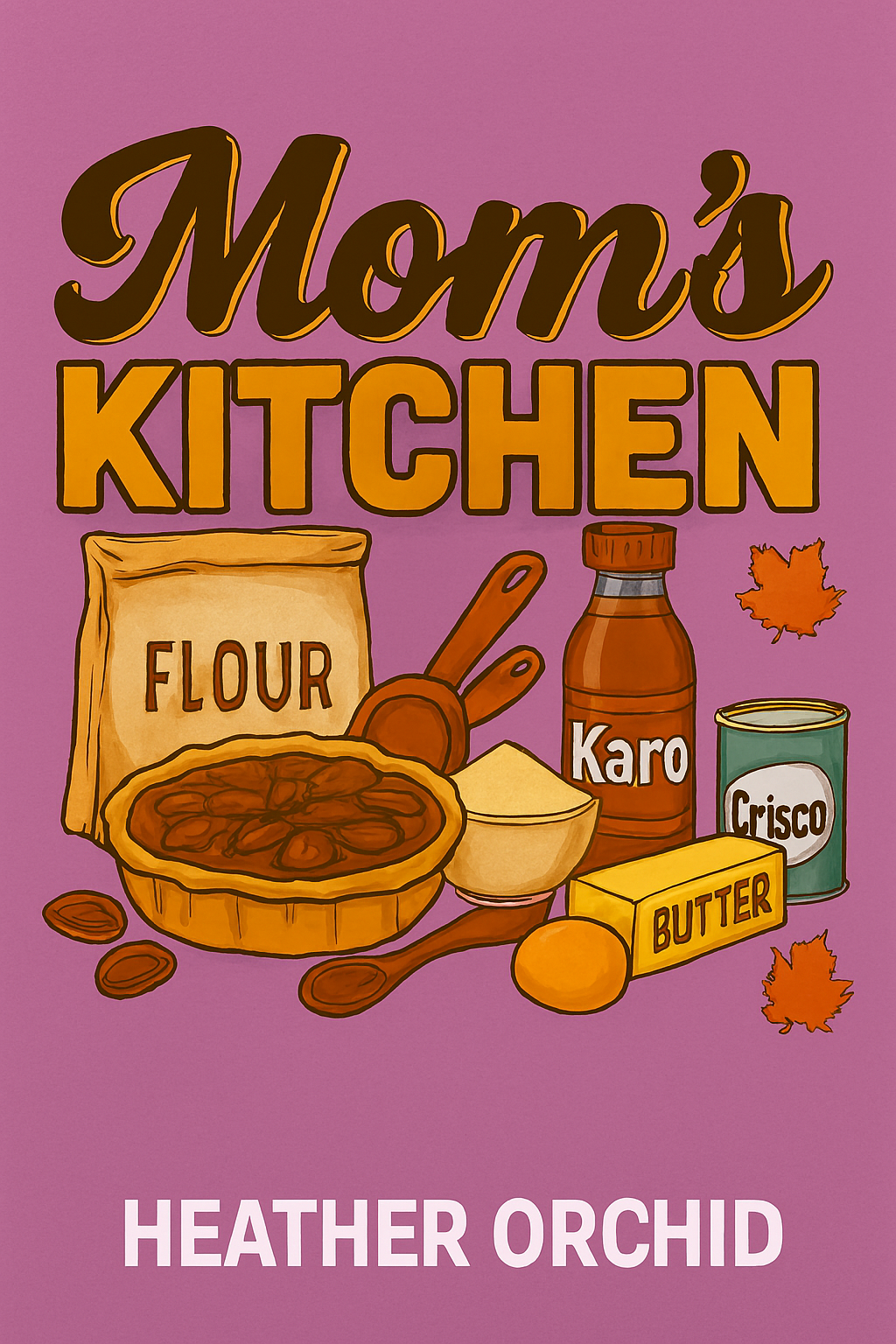 'Mom's Kitchen' in Heather Orchid with baking ingredients for a pecanb pie