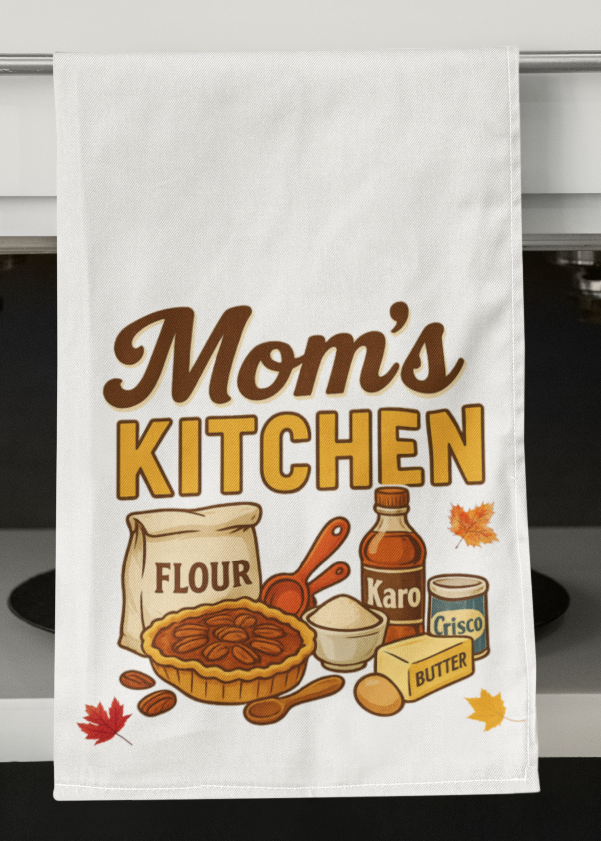 Mom’s Kitchen retro tea towel with pecan pie baking design on white cotton kitchen towel