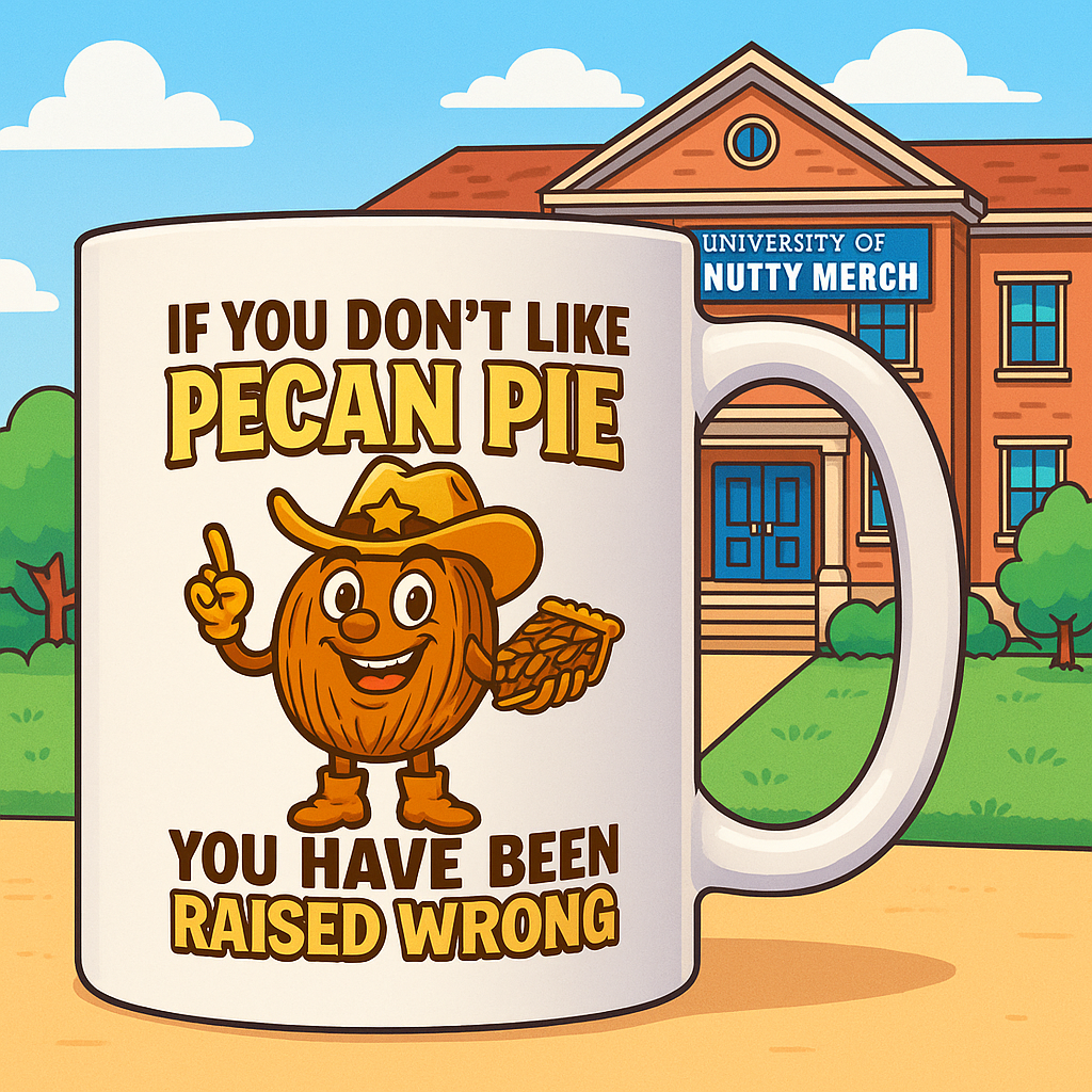 Vintage-style cowboy pecan character holding a slice of pie with text ‘If you don’t like pecan pie, you’ve been raised wrong’ on a funny coffee mug.