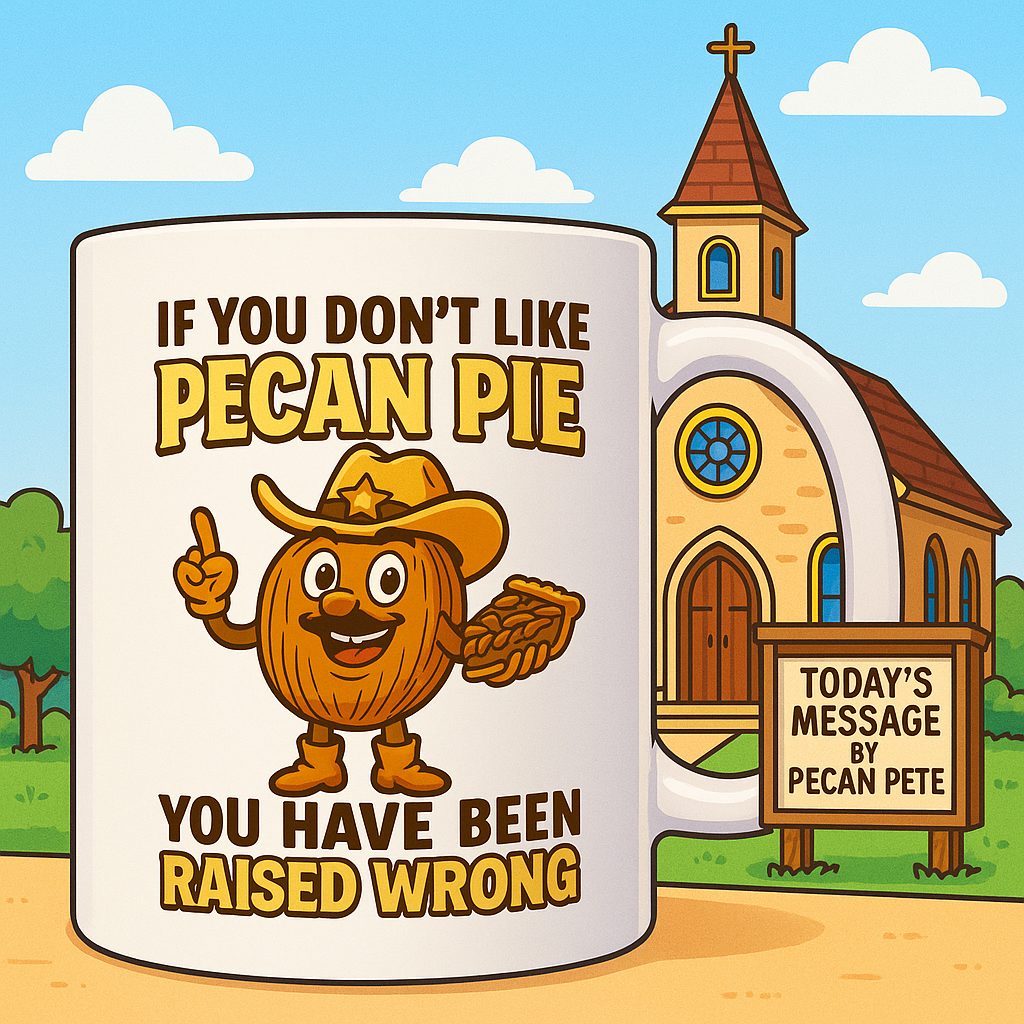 Vintage-style cowboy pecan character holding a slice of pie with text ‘If you don’t like pecan pie, you’ve been raised wrong’ on a funny coffee mug.