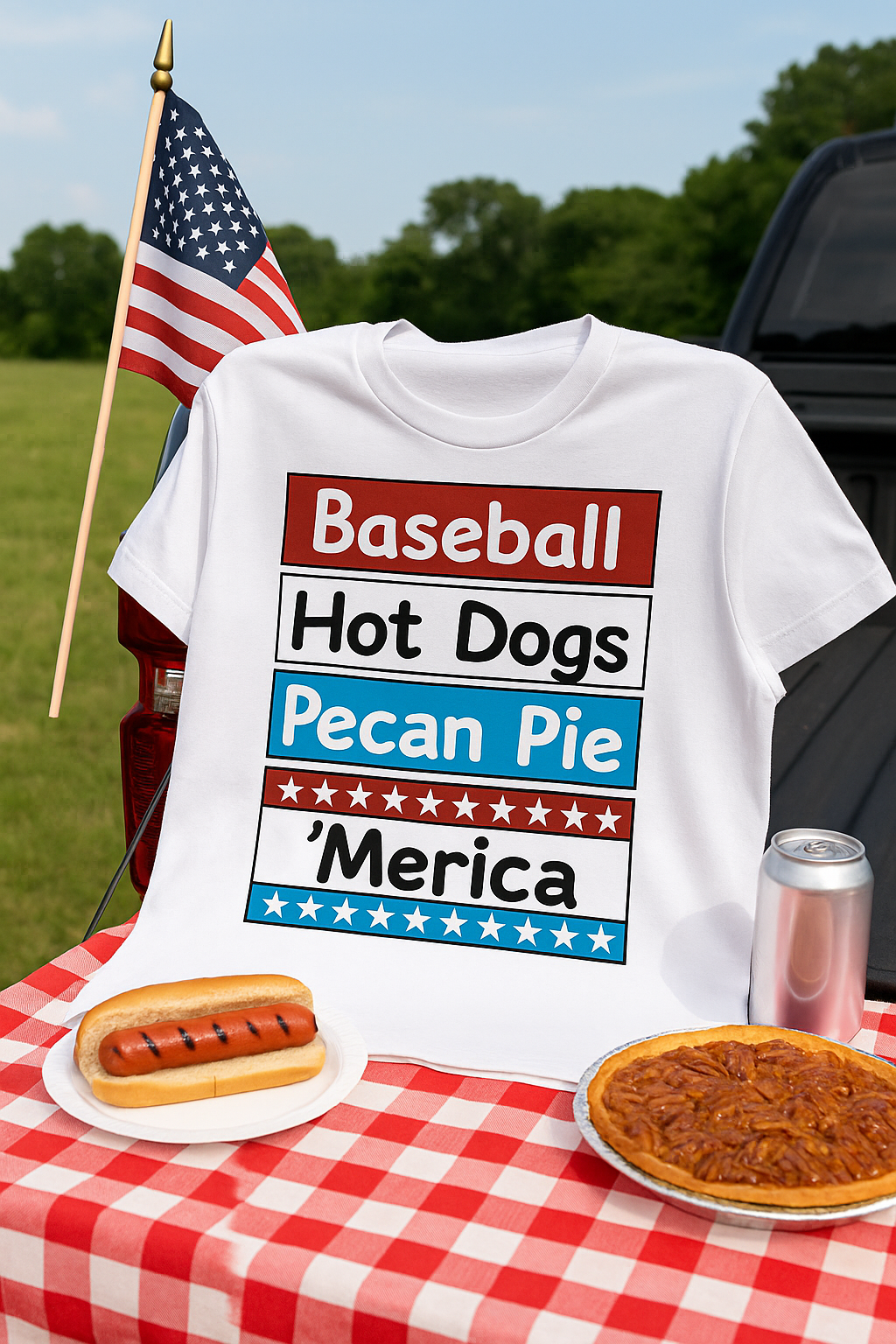 White t-shirt with 'Baseball, Hot Dogs, Pecan Pie, Merica' text on a table with food and an American flag.