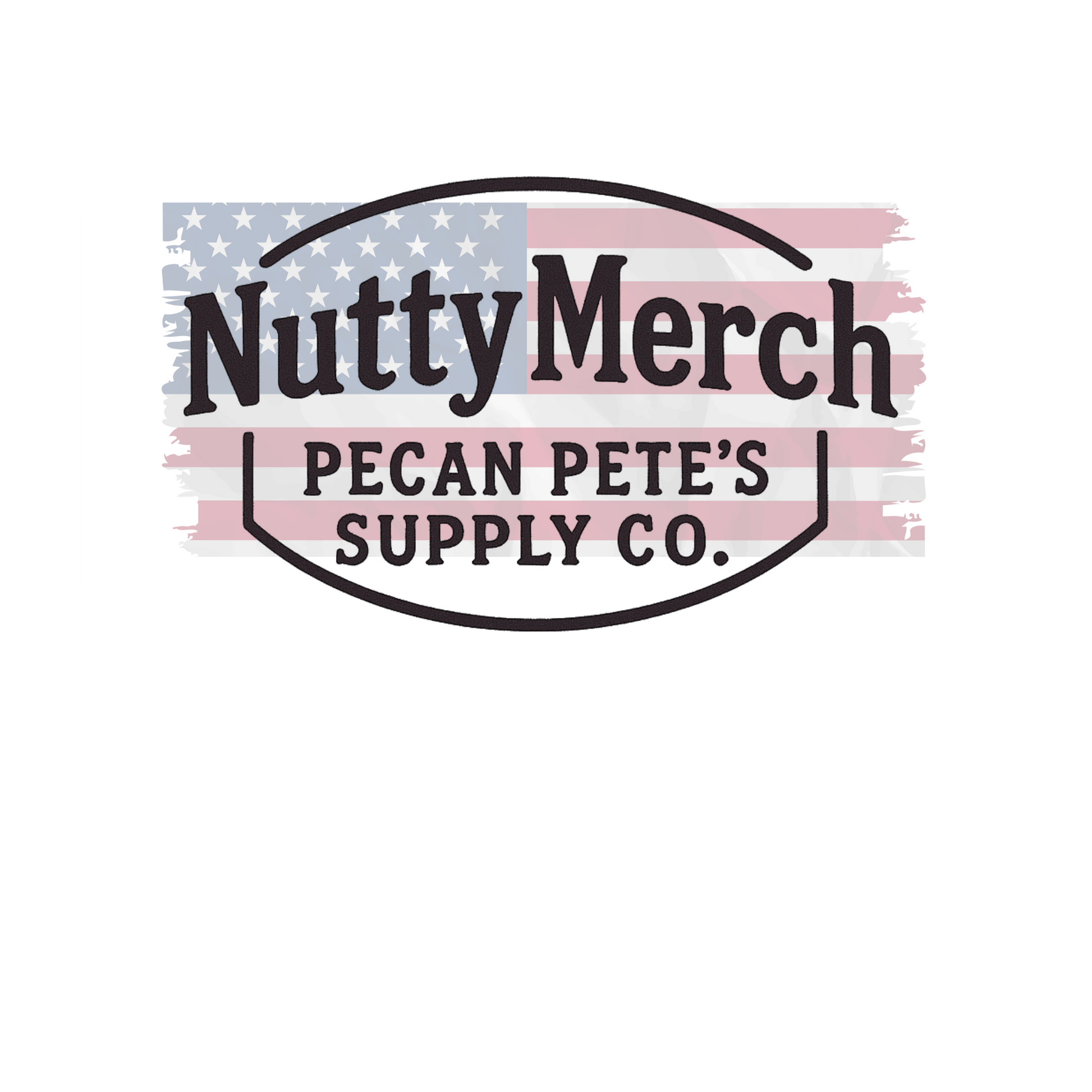 Logo of Nutty Merch Pecan Pete's Supply Co. with an American flag design on a white background.