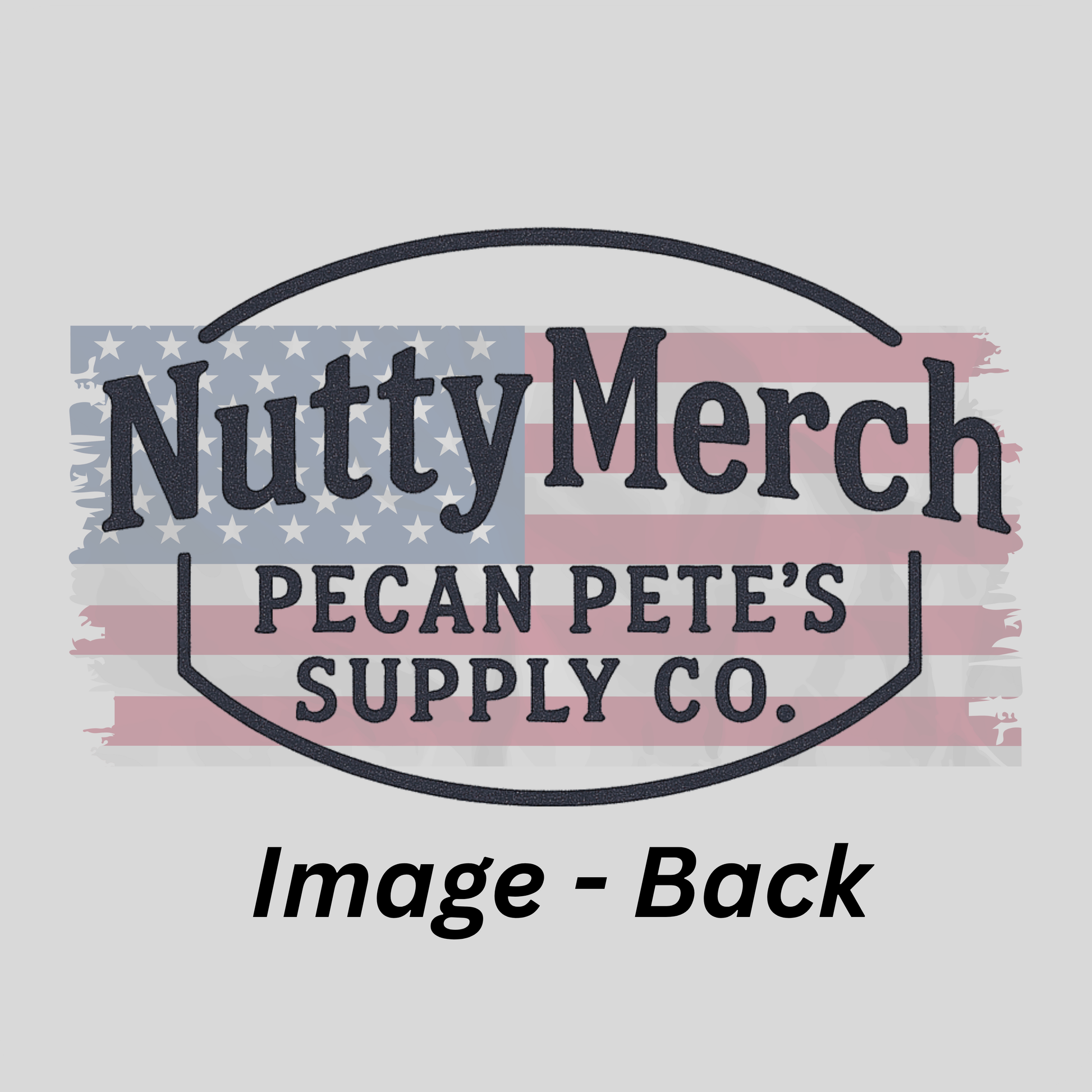 Logo of Nutty Merch Pecan Pete's Supply Co. with a patriotic design on a gray background.