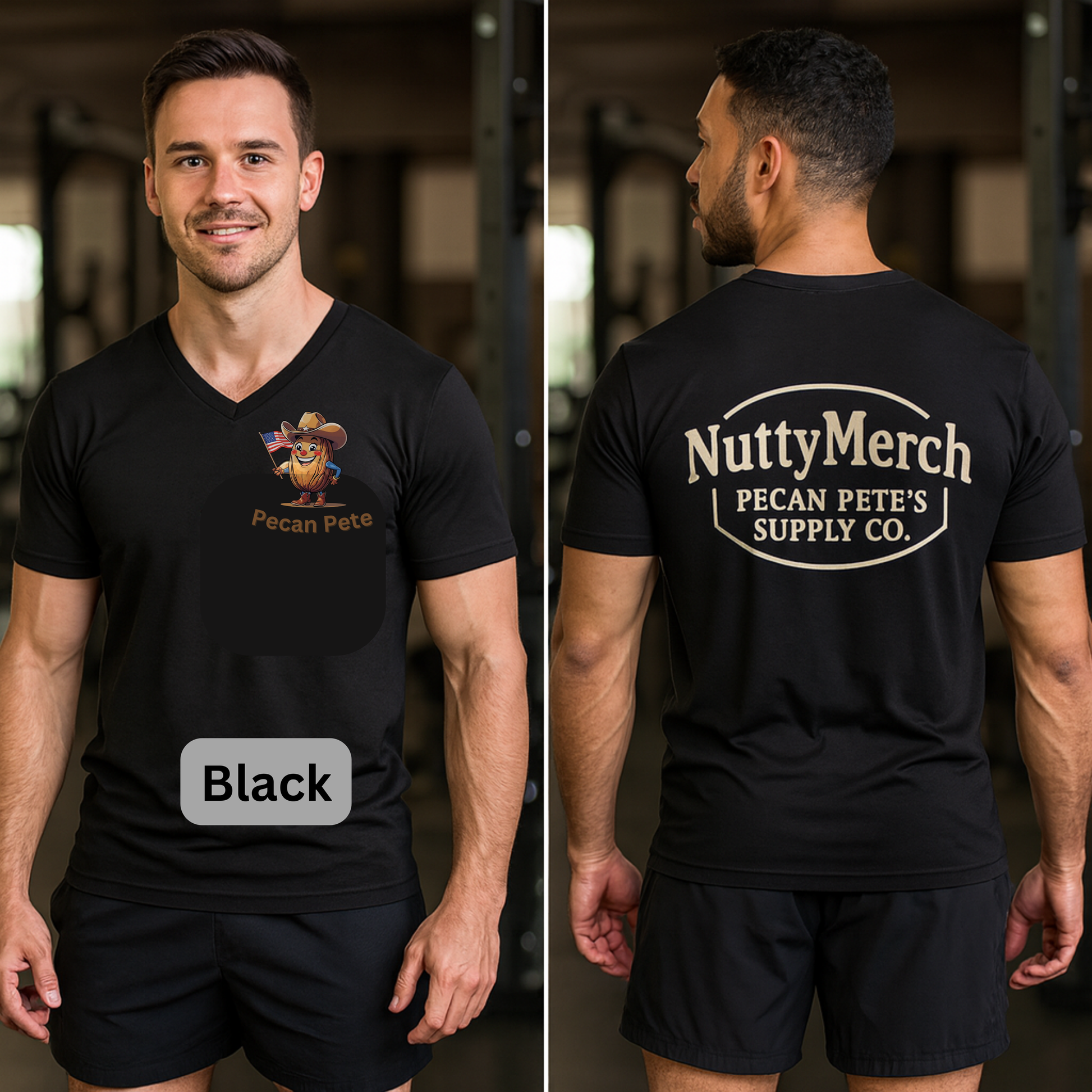 “Unisex Bella+Canvas 3005 V-neck with the NuttyMerch logo across the back. Built for flexing at the gym, flipping burgers at the BBQ, or just proving you’re the best-dressed nut in the crowd.”