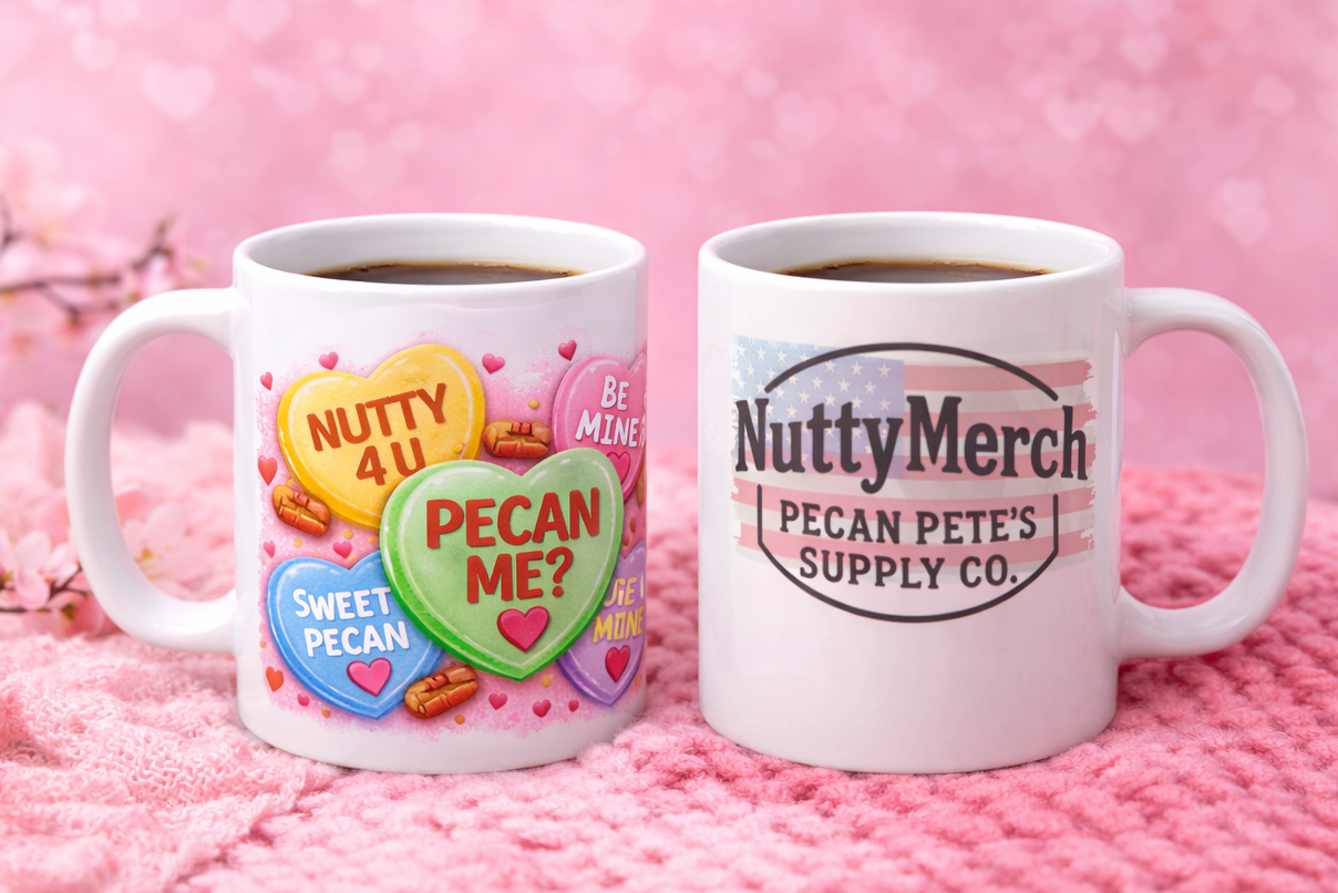 Two white ceramic mugs on a soft pink background—left mug shows “PECAN ME?” candy hearts design, right mug shows NuttyMerch Pecan Pete’s Supply Co. logo.