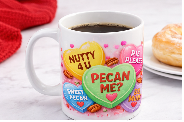 Detailed view of the Valentine candy hearts artwork on the mug showing phrases “PECAN ME?”, “Nutty 4 U”, “Pie Please”, and sweet pecan theme.
