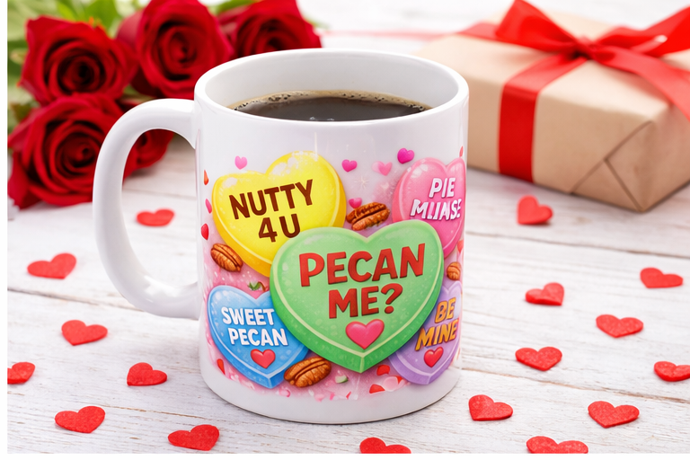 White 11oz coffee mug with “PECAN ME?” candy hearts graphic displayed beside red roses and a wrapped gift, Valentine gift idea mug.