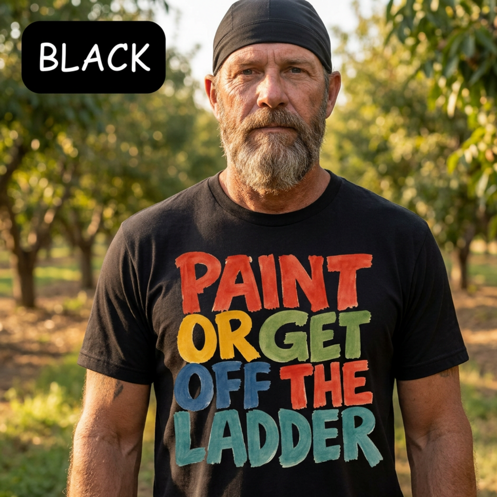 Man wearing a black t-shirt with colorful text in an outdoor setting