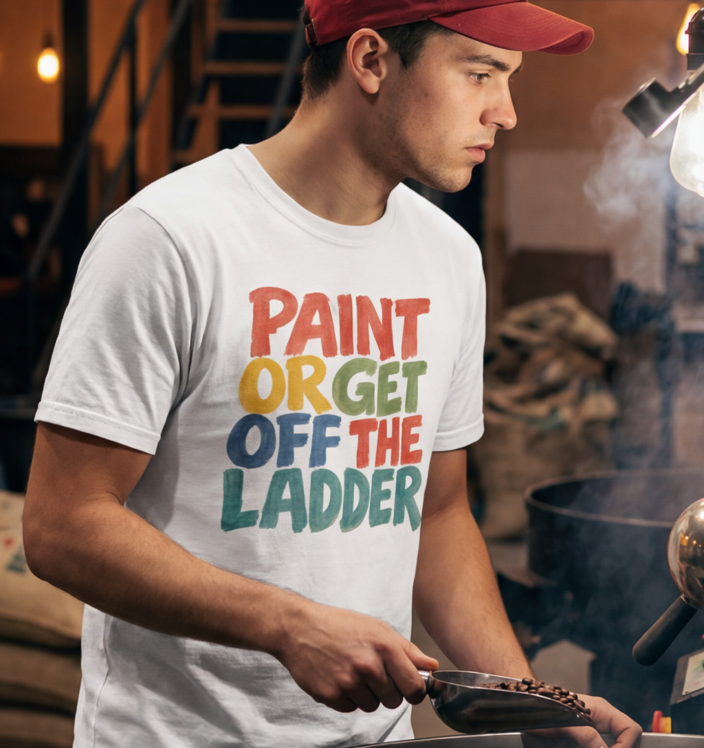 Person wearing a white t-shirt with colorful text in a casual setting