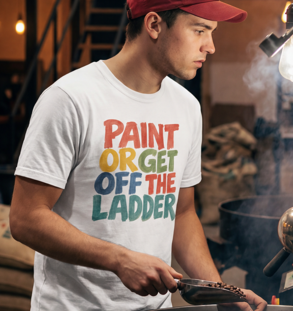 Person wearing a white t-shirt with colorful text in a casual setting