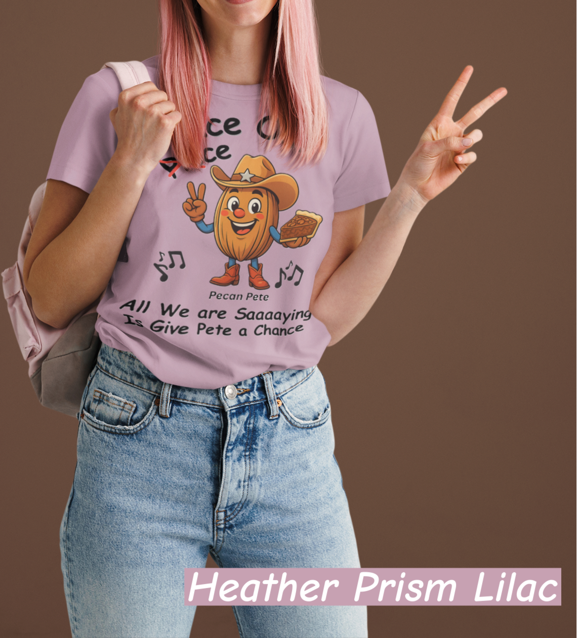 “Pecan Pete cowboy tee with peace sign and piece of pie, fun play on peace out vs piece out.”