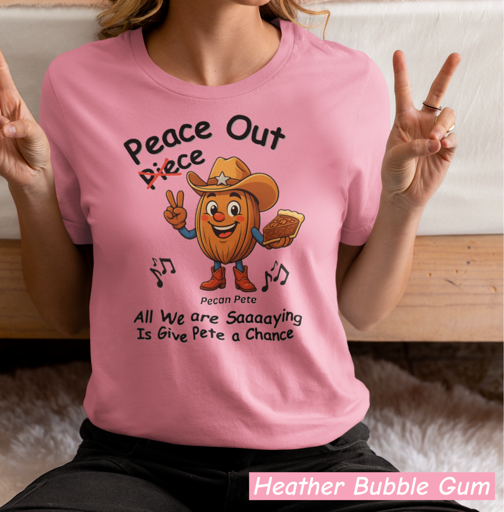 “Pecan Pete cowboy tee with peace sign and piece of pie, fun play on peace out vs piece out.”