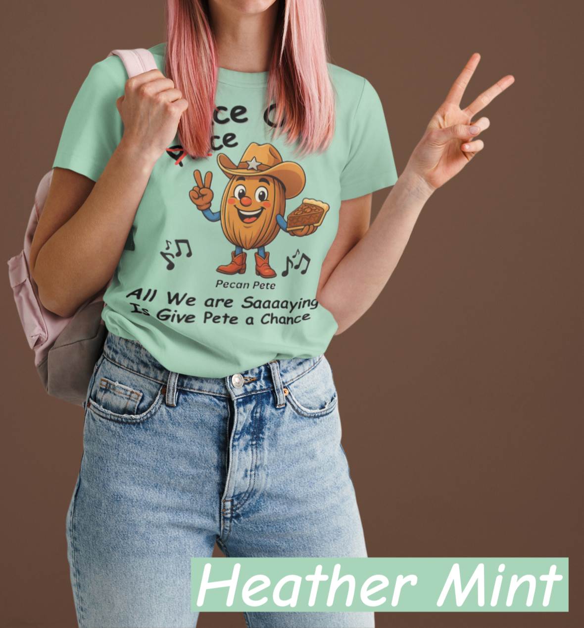 “Pecan Pete cowboy tee with peace sign and piece of pie, fun play on peace out vs piece out.”