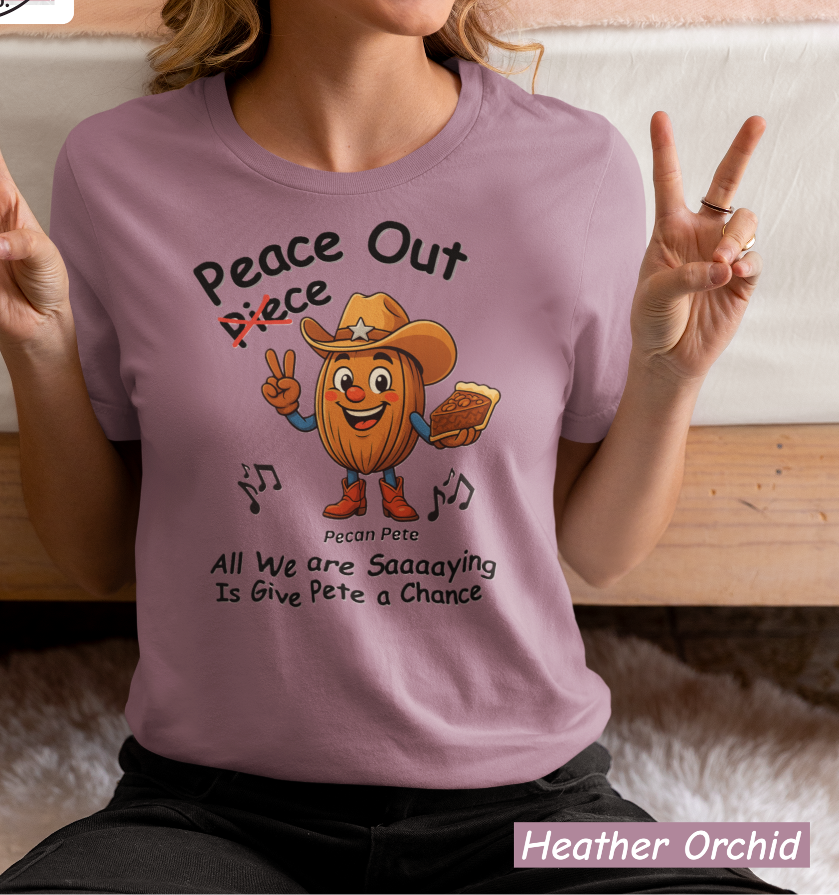 “Pecan Pete cowboy tee with peace sign and piece of pie, fun play on peace out vs piece out.”
