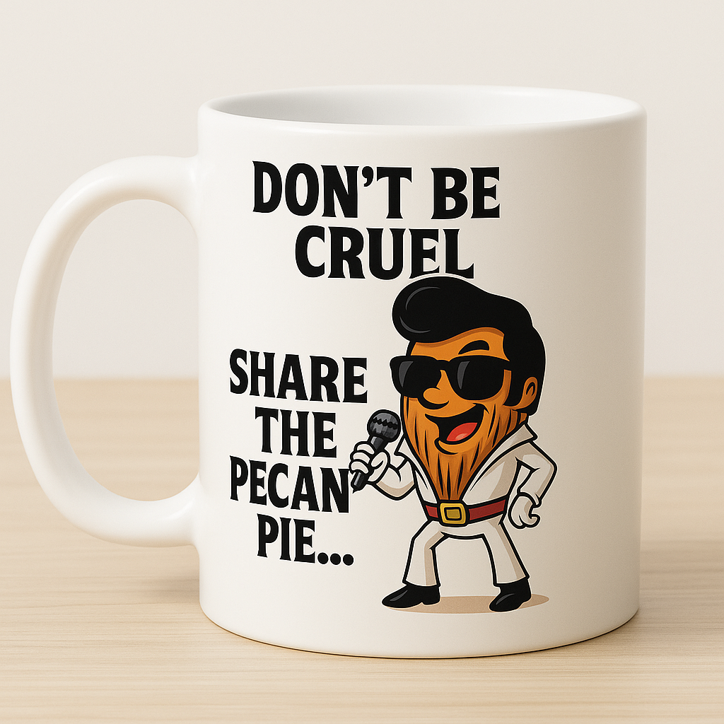 Don't Be Cruel, Share the Pecan Pie – Funny Elvis Pecan Mug – Nutty Gift for Pie Lovers – White Ceramic Coffee Cup – Nutty Merch Origina