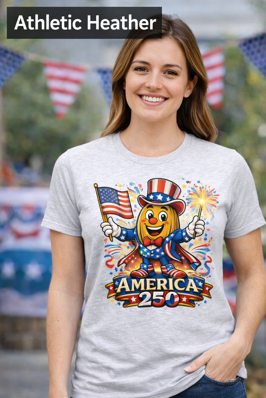 “Patriotic Pecan Pete cartoon character holding American flag and sparklers, wearing red white and blue hat on graphic t shirt celebrating America 250 in retro Americana style.