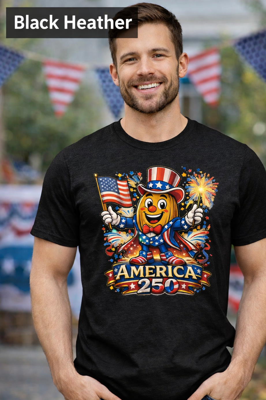 “Patriotic Pecan Pete cartoon character holding American flag and sparklers, wearing red white and blue hat on graphic t shirt celebrating America 250 in retro Americana style.
