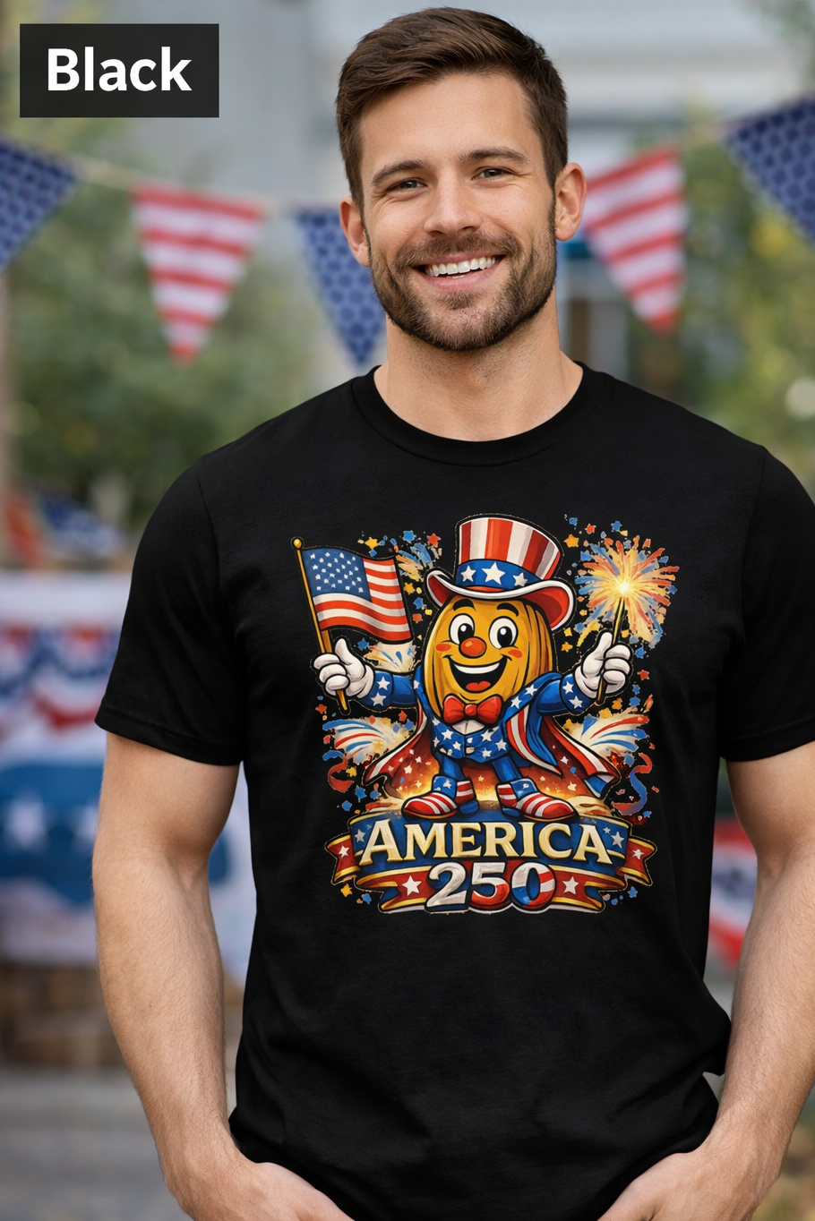“Patriotic Pecan Pete cartoon character holding American flag and sparklers, wearing red white and blue hat on graphic t shirt celebrating America 250 in retro Americana style.