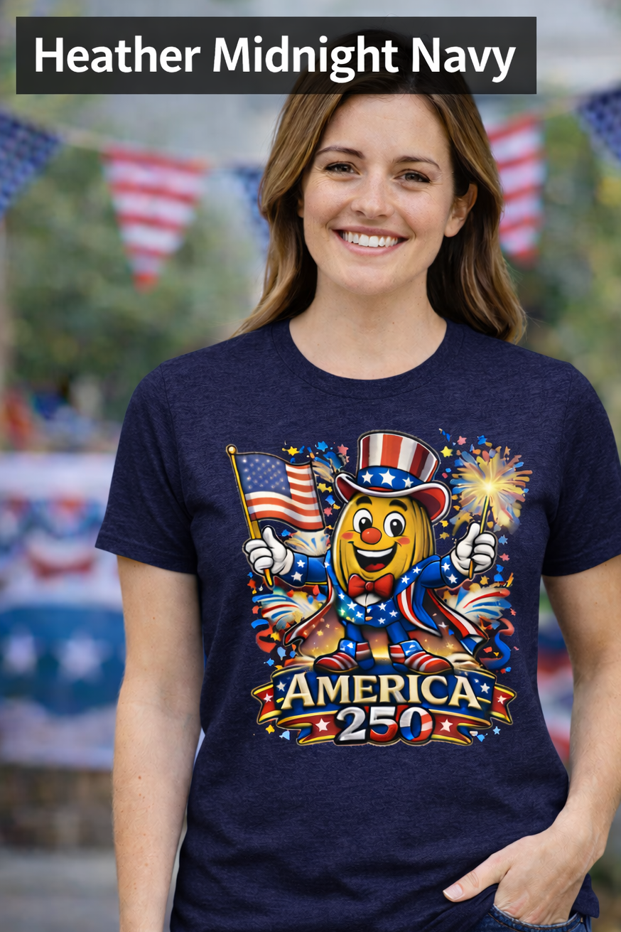 “Patriotic Pecan Pete cartoon character holding American flag and sparklers, wearing red white and blue hat on graphic t shirt celebrating America 250 in retro Americana style.