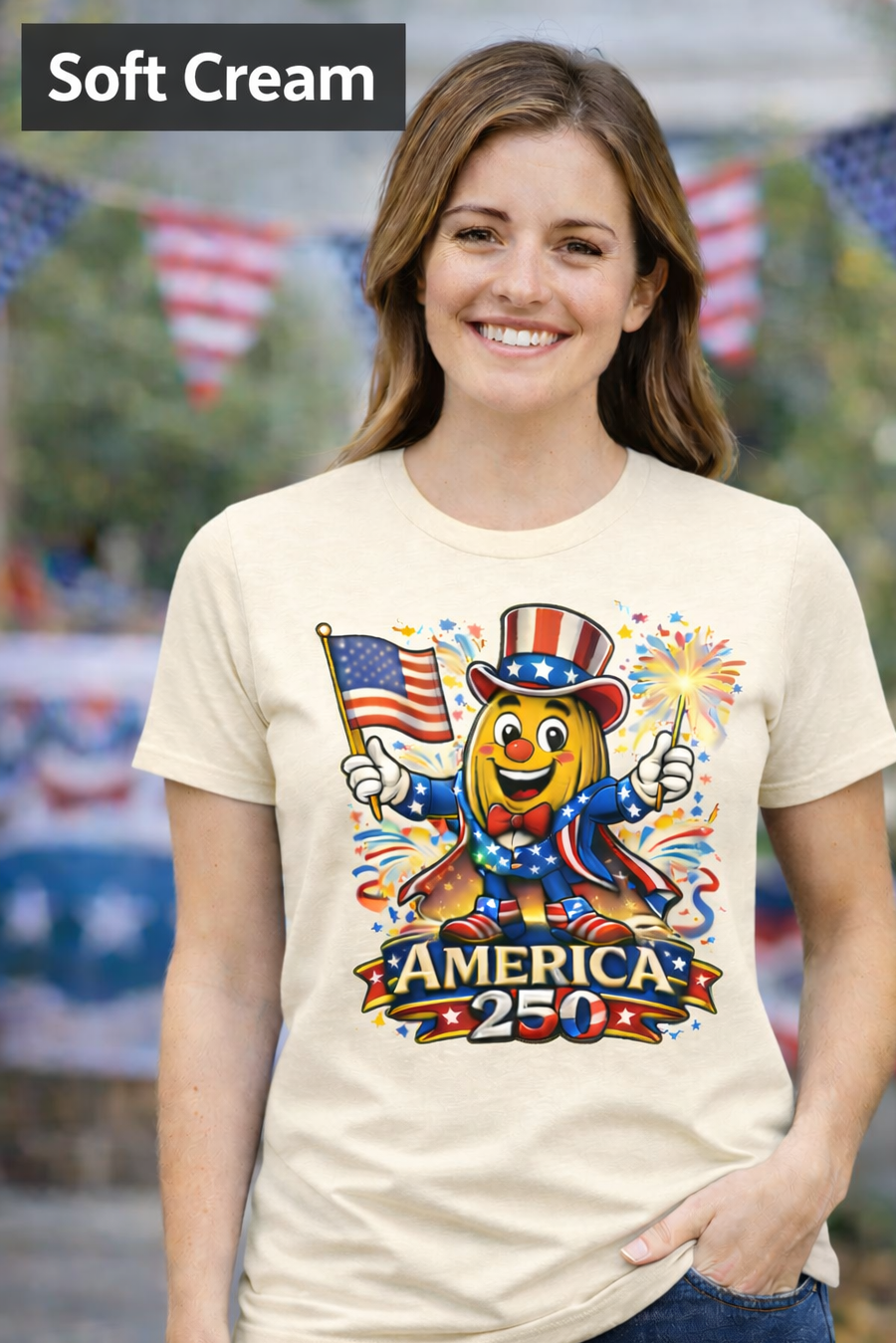 “Patriotic Pecan Pete cartoon character holding American flag and sparklers, wearing red white and blue hat on graphic t shirt celebrating America 250 in retro Americana style.
