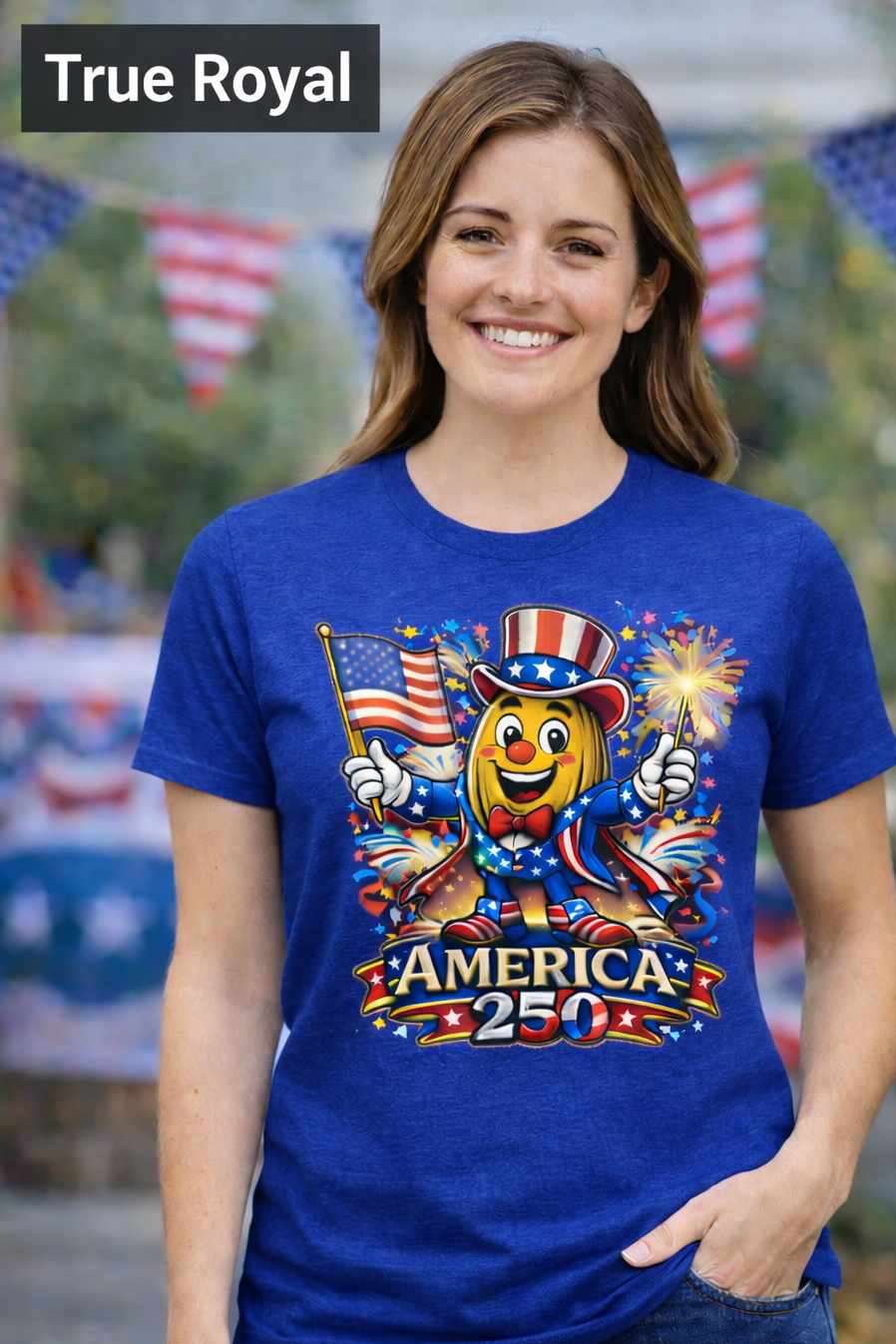 “Patriotic Pecan Pete cartoon character holding American flag and sparklers, wearing red white and blue hat on graphic t shirt celebrating America 250 in retro Americana style.