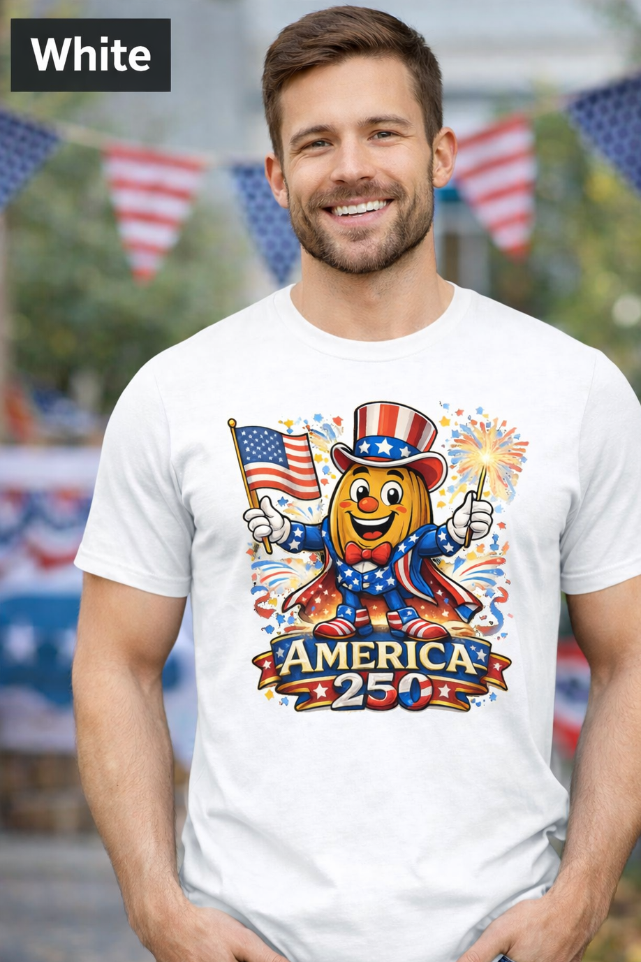 “Patriotic Pecan Pete cartoon character holding American flag and sparklers, wearing red white and blue hat on graphic t shirt celebrating America 250 in retro Americana style.
