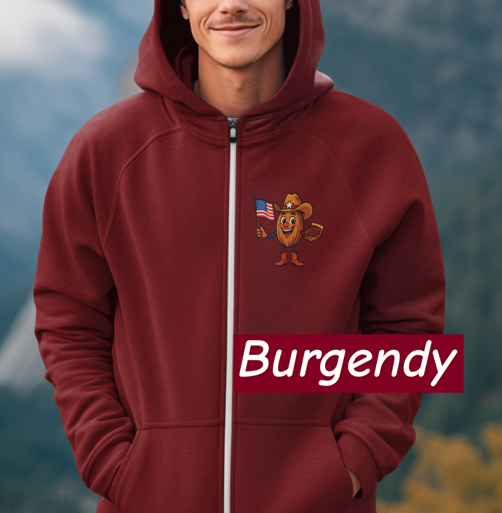 Lane Seven LS14003 premium full-zip hoodie featuring the NuttyMerch character Pecan Pete printed on the chest, shown on a soft fleece unisex hoodie.