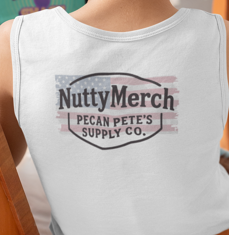 Back view of unisex Bella + Canvas 3483 muscle tank in White featuring Pecan Pete holding American flag and pecan pie, gym wear design.